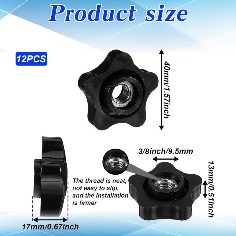guduling 12pcs Star Knob 3/8-16, 6-Star 3/8"-16 Female Thread Knob,Black 3/8-16 Star Knob for T Track Bolts Jigs Knobs Sawing Machine, Drilling Machine, Lathe (ID 0.375"/9.5mm) - Image 3